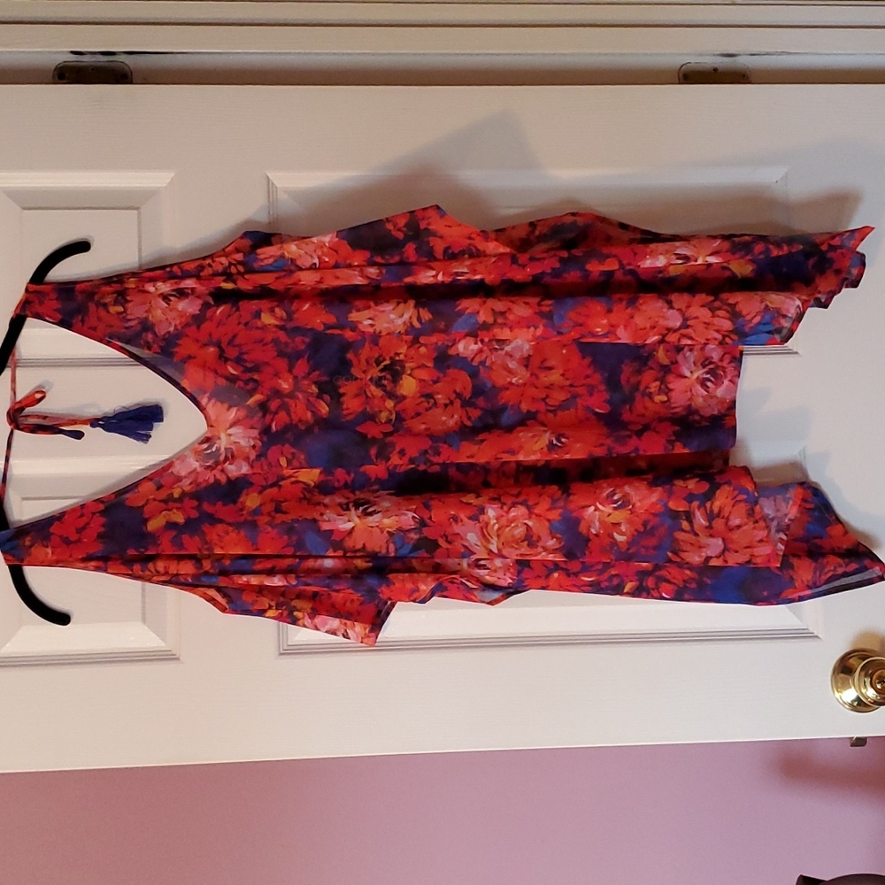 CONTOUR BY BEACH SCENE orange & blue floral cold shoulder swimsuit cover up,NWT.